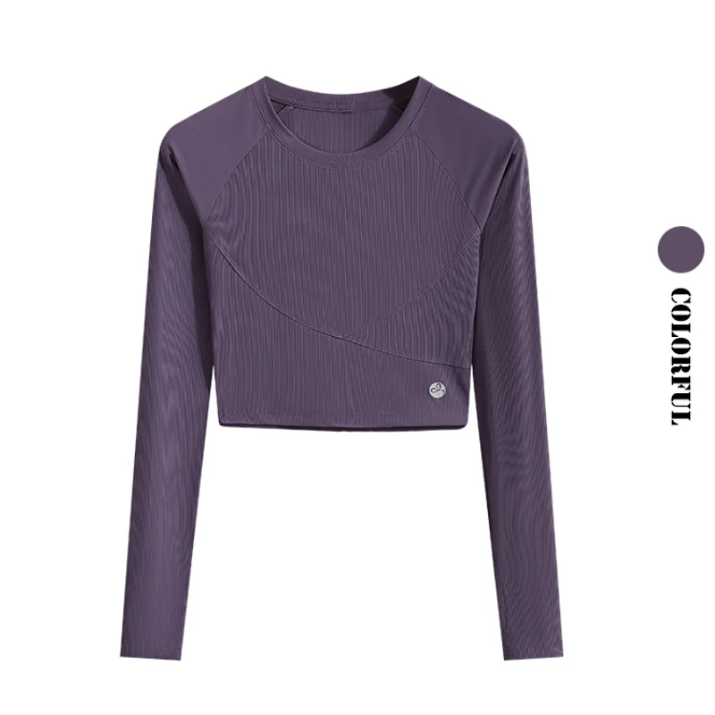 Drur manga longa com nervuras yoga colheita regatas com pescoço redondo fino ajuste ginásio pilates camisa esportiva para mulher casual básico apertado topo