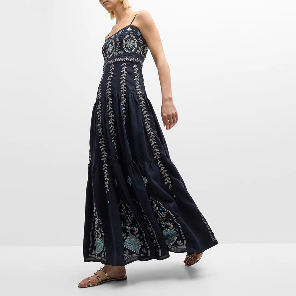 VGH Afternoon Tea Black Floral Embroidered Sundresses for Women Square Collar Sleeveless Tiered Maxi Skirt for Romantic Dates view 3