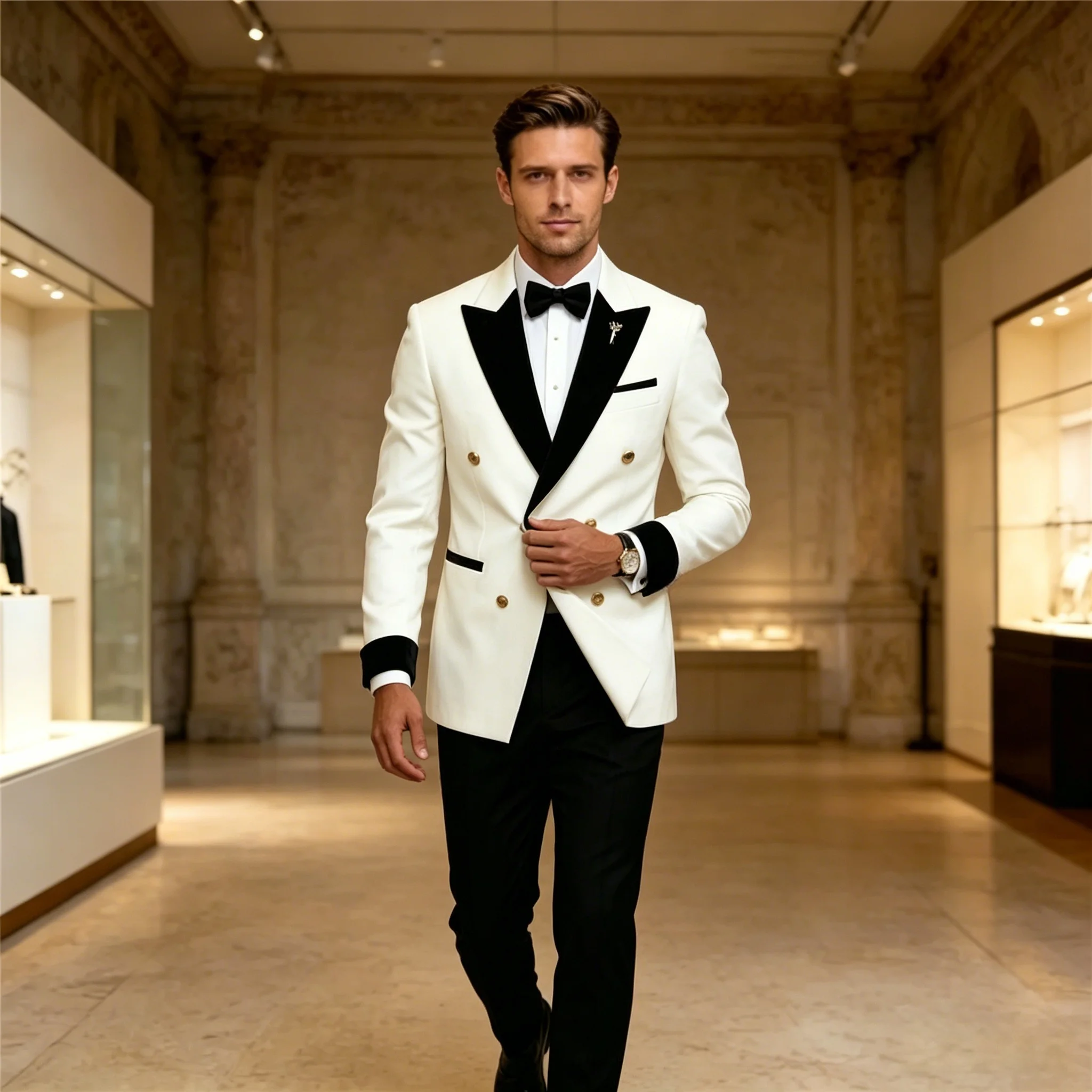 

Men's 2-Piece Double Breasted Suit Set - Peak Lapel White Tuxedo Jacket Black Pants, Formal Business Wedding Prom Attire
