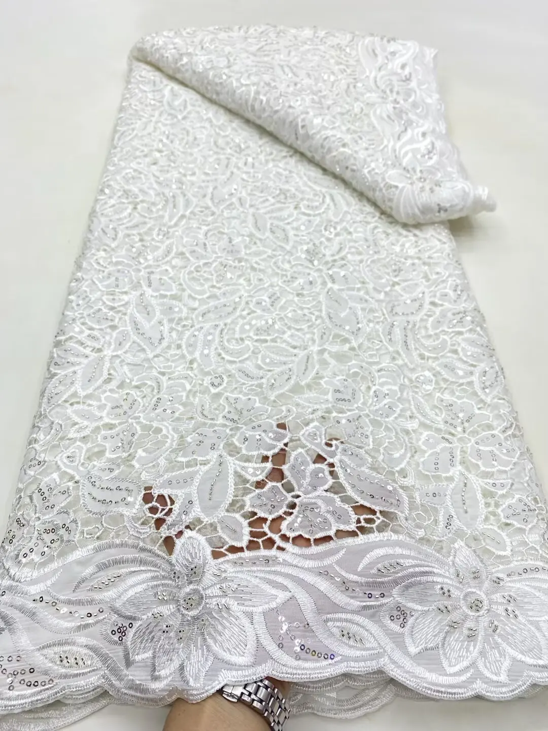 

(5yards/pc) High quality tube beads sequins embroidered African wedding party lace fabric white chiffon lace for dress WDP029