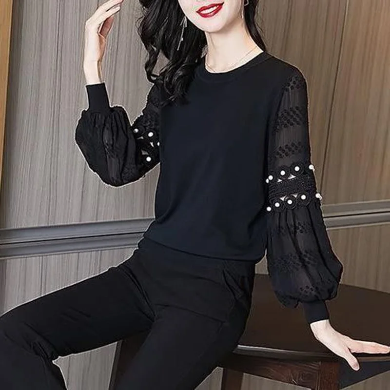 Elegant Lace Hollow Out Spliced Beading Oversized Lantern Sleeve Chiffon Blouse Casual Pullovers Loose Commute New Women\'s Shirt