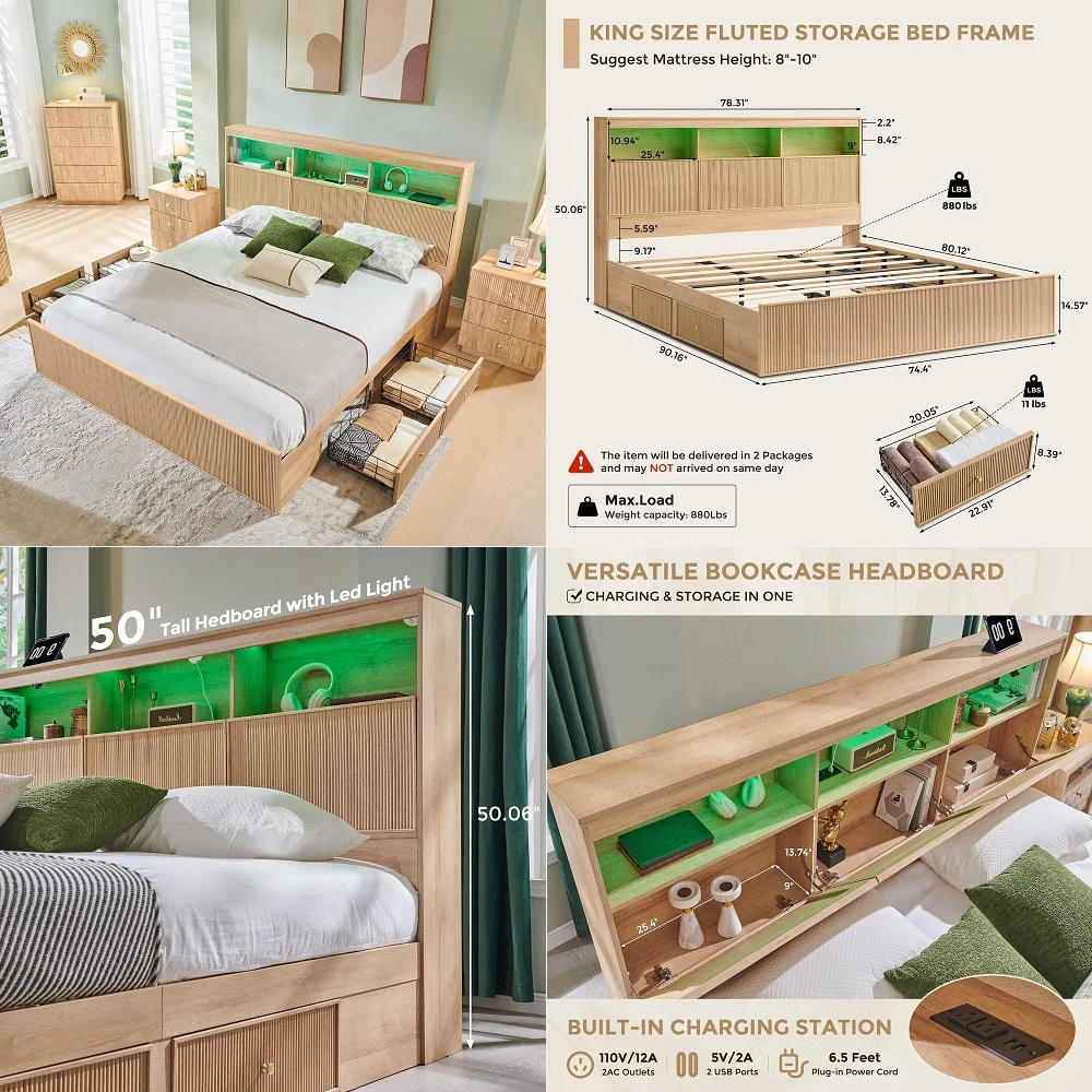 

Fluted King Size Bed Frame with 50 Tall Headboard amp 4 Drawers, Wooden Platform Bed Frame W LED Lights and Storage Charging St