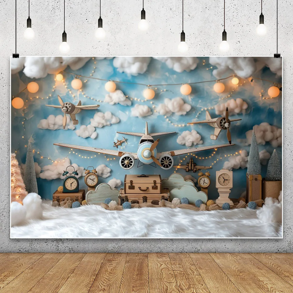 Flying Adventure Teddy Bear Balloon Photography Background Traveling Kids 1st Birthday Cake Smash Portrait Backdrop Photo Studio