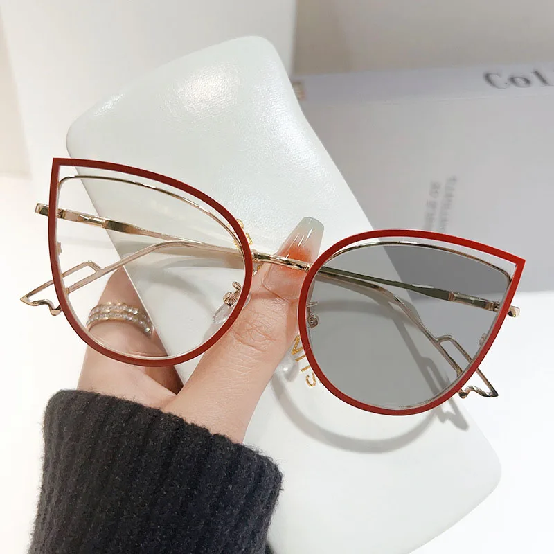 Metal Cat Eye Photochromic Glasses for Women Men Trendy Optical Spectacle Eyeglasses Unisex Color Changing Blue Light Glasses