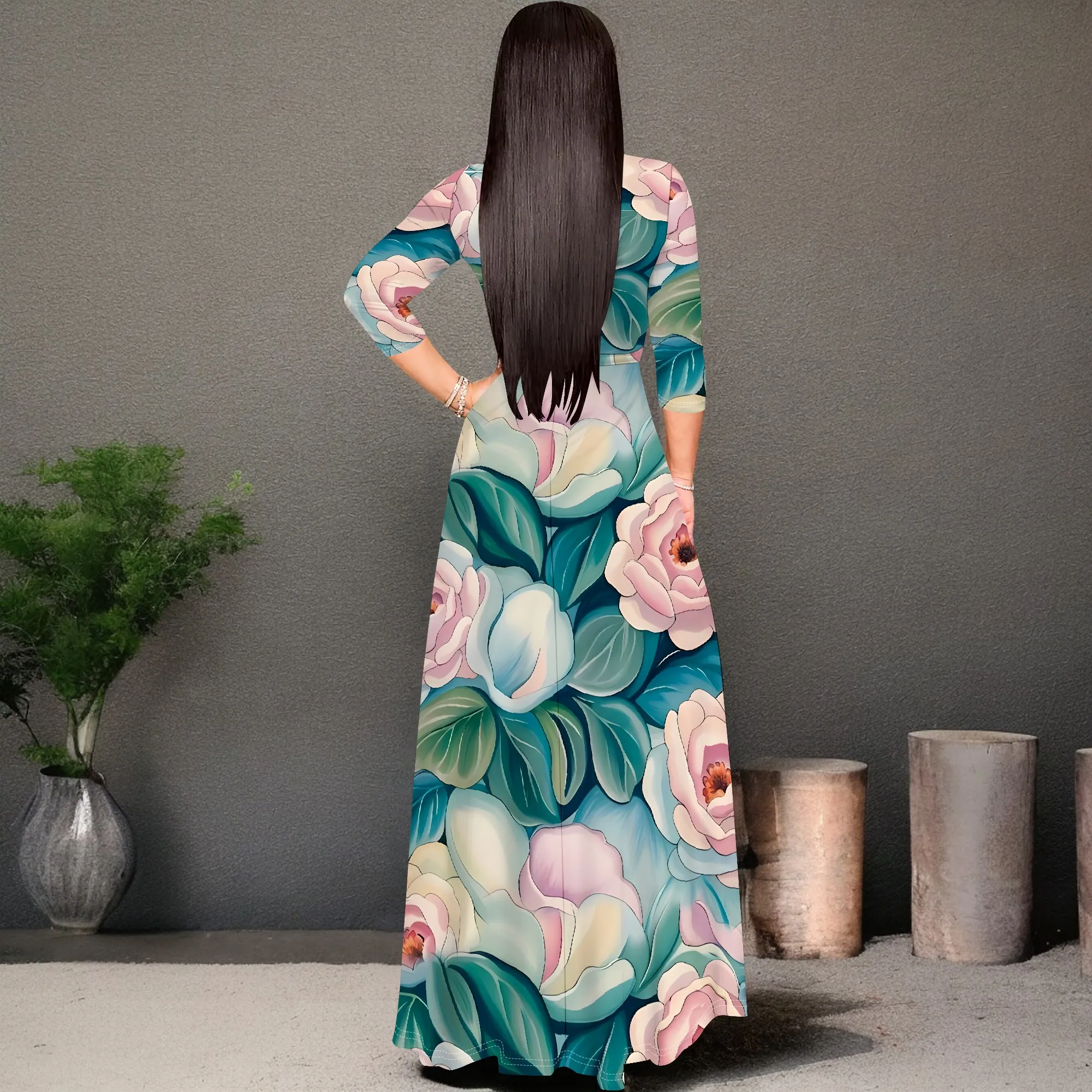V-Neck Floral Wrap Maxi Dress with Belt Elegant Pastel Summer Dress with 3/4 Sleeves