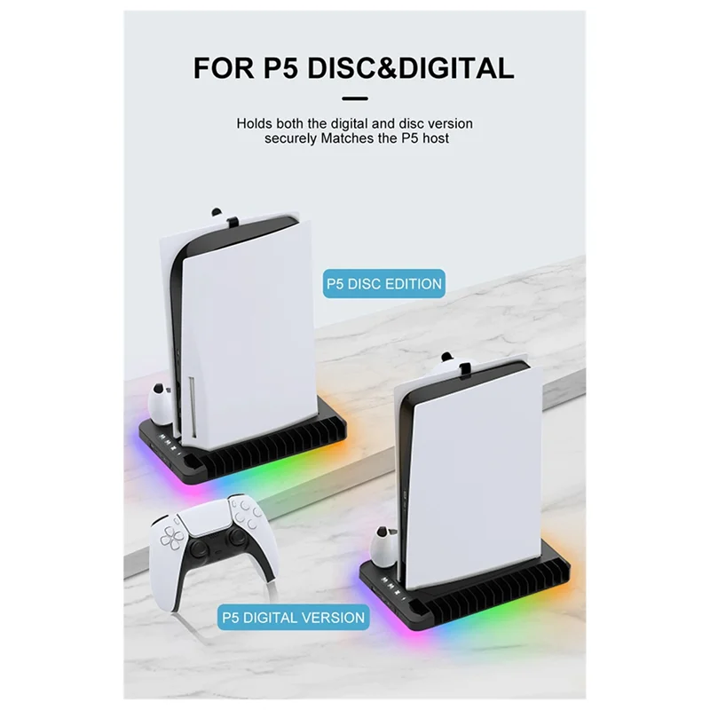 

Для PS5 База для рассеивания тепла с 7-цветным световым эффектом Крючок для наушников Стойка для хранения игровых дисков Для PS5 Ручка Прочный белый-