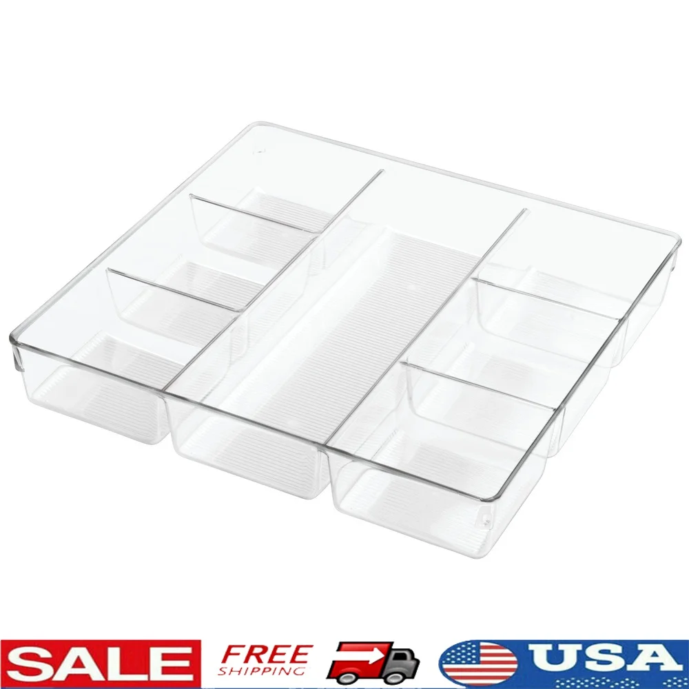 

Пластиковый органайзер для ящиков, прозрачный разделенный органайзер для хранения кухонной утвари с 7 отделениями, туалетный столик для дома, офиса, ванной комнаты, стол, поделки