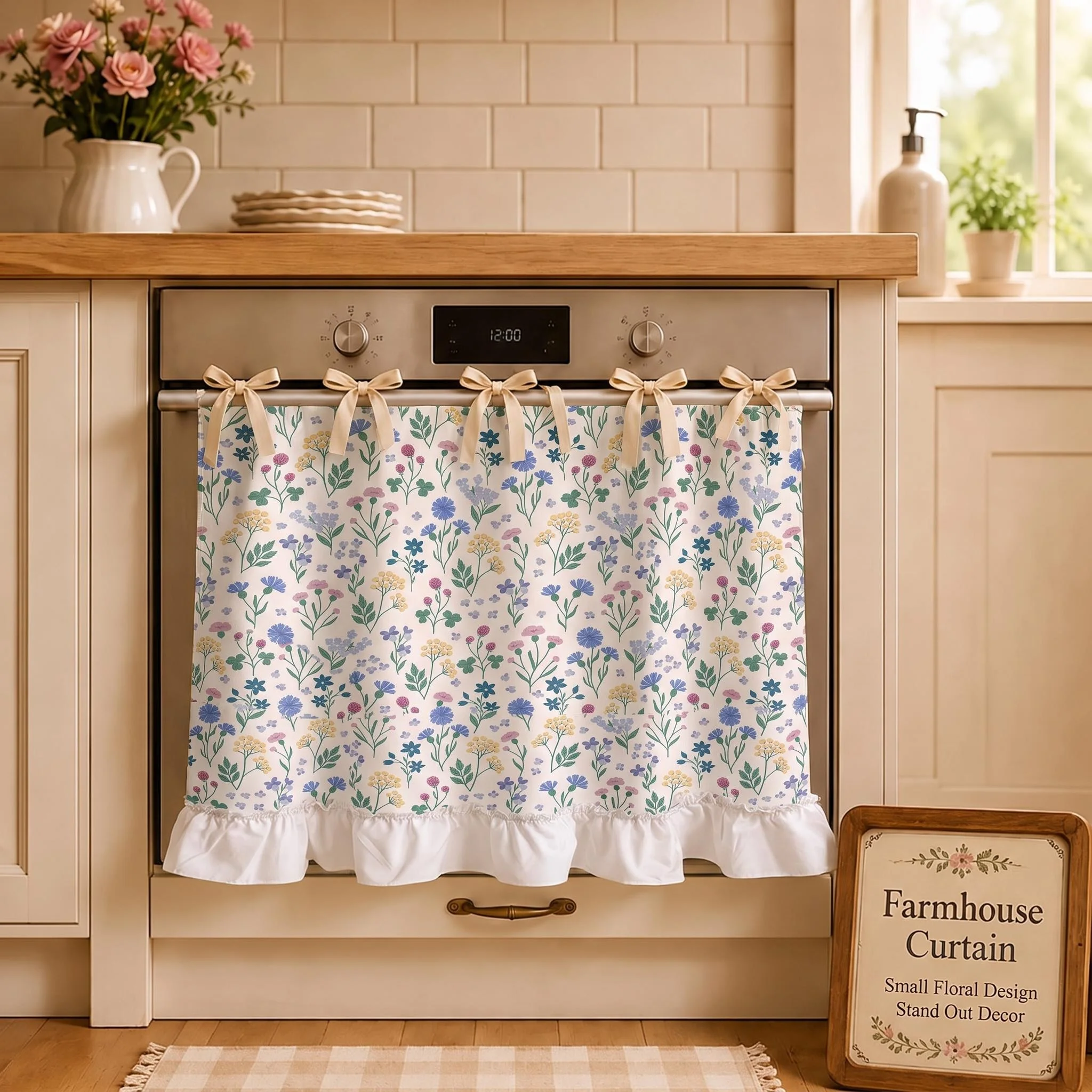1pc American Country Style Cotton Linen Half Curtain, Semi-Transparent Printed Kitchen Short Curtain, Atmosphere Decorative Curt