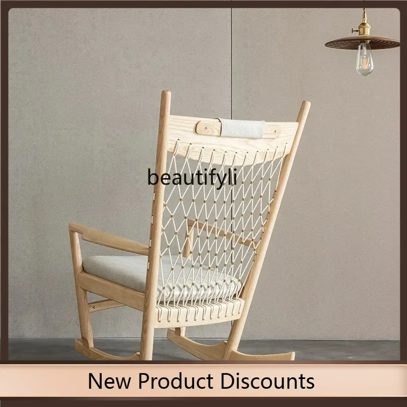 

K185 Nordic Solid Wood Rope Woven Rocking Chair Balcony Recliner Home Indoor Adult Casual Retro Lazy Bone Chair K185