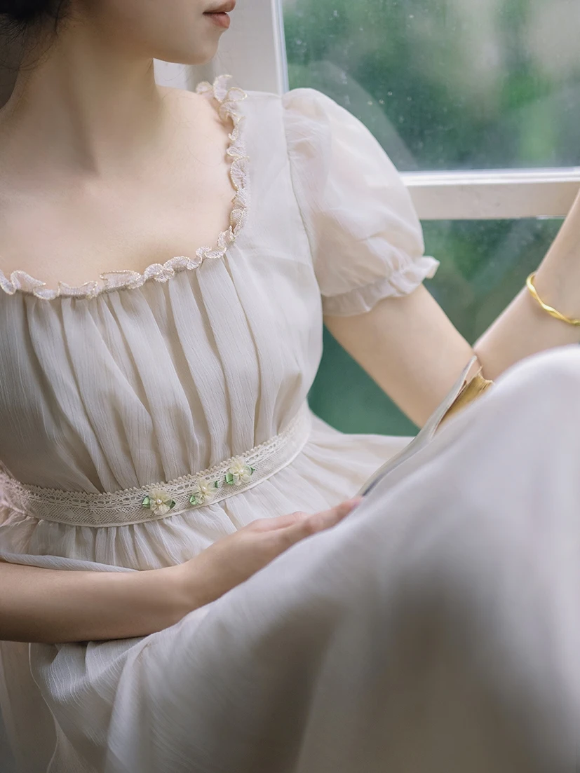 TIYIHAILEY Women Dress Short Sleeve Long Maxi Ladies S-XL Vintage High Waist 2026 Lace Patchwork Summer Square Collar Lace Up