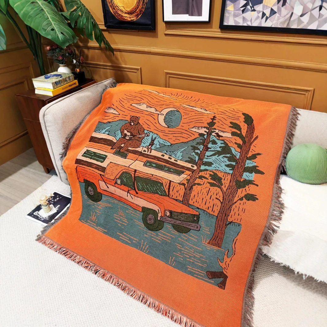 Orange Fringed Camping Throw Blanket Adorable Bear Playing Instrument Nature Scene Cartoon for Outdoor Adventure Cozy Home Decor