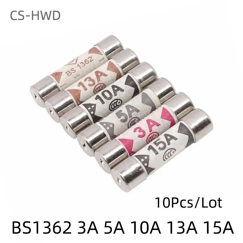 10Pcs BS1362 British Plug Fuse 3A 5A 10A 13A 15A 6X25 Ceramic Tube Fuse British Domestic House Hold Mains Plug Cartridge Fuse