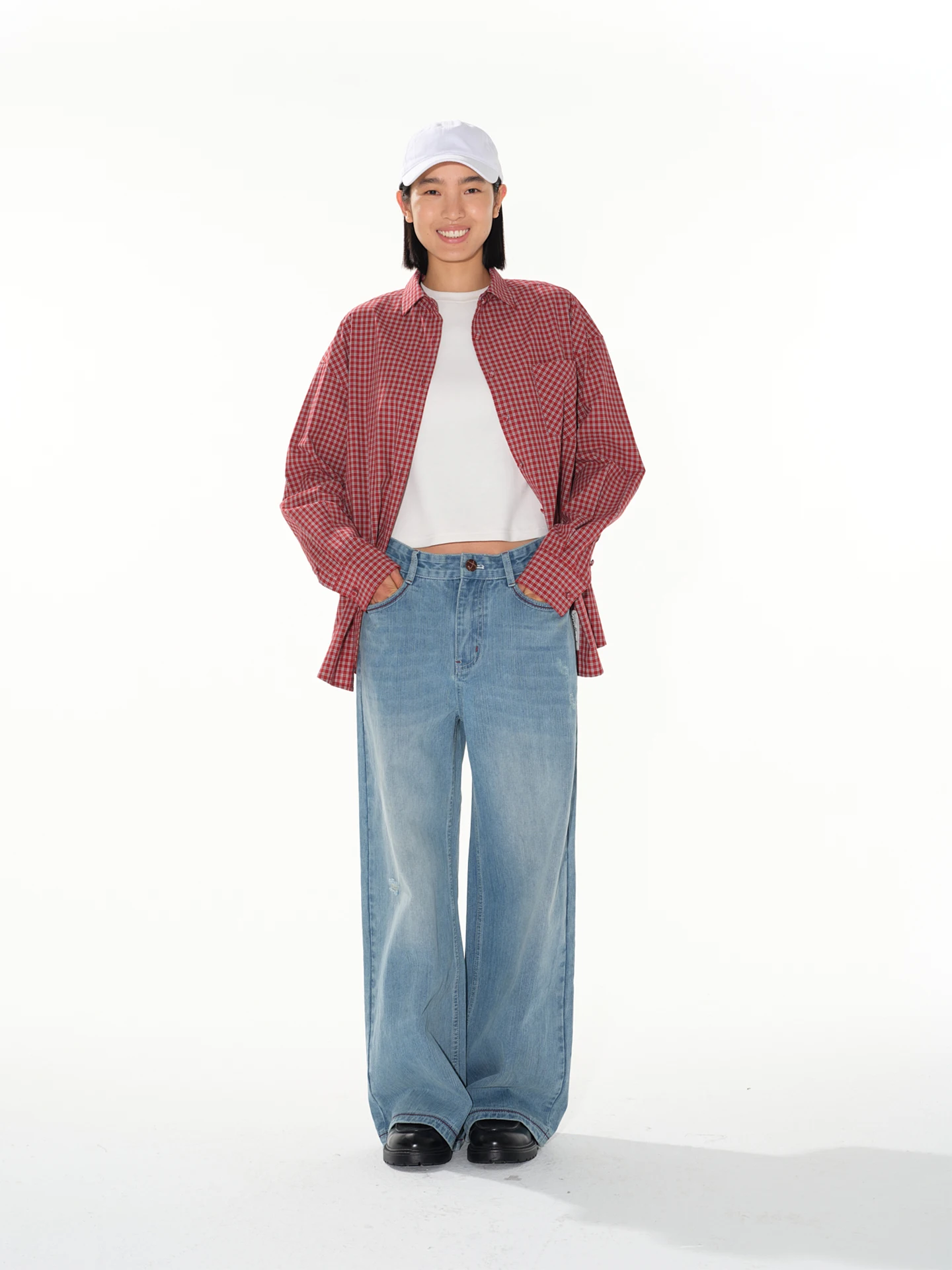 

Loose Casual Plaid Oversized Shirt Button up Top Red Dark Blue Studio1till8 Vintage Loose Fit Cotton Women's Shirt