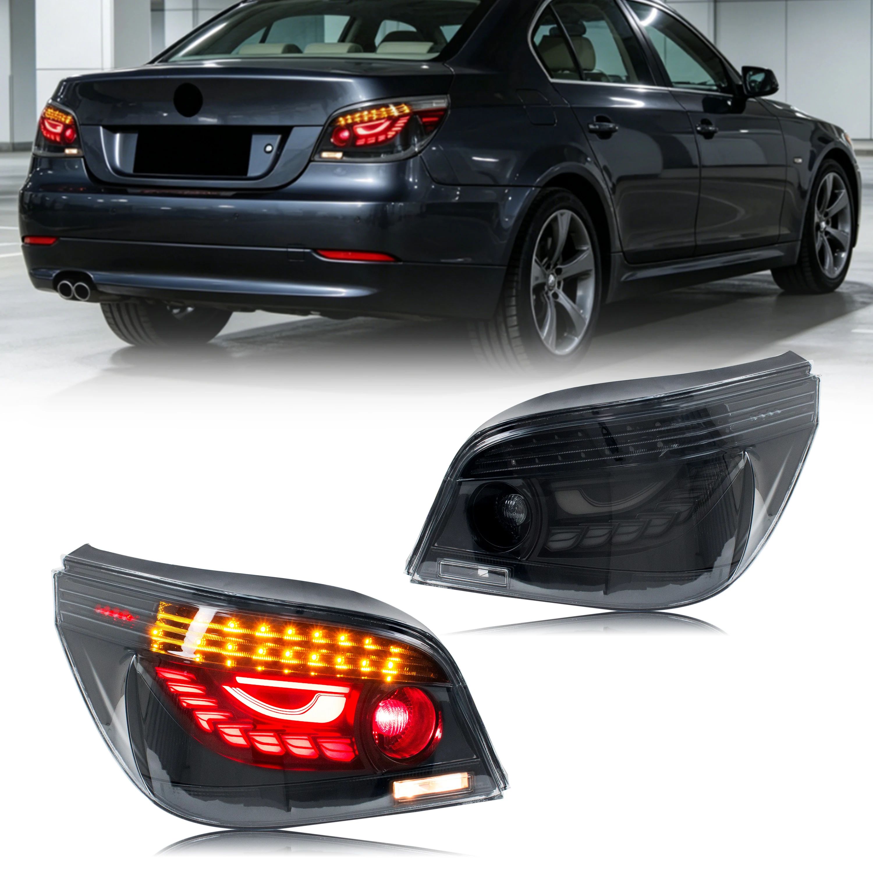 LED-Rückleuchten für BMW E60 2003-2007 2008 2009 Limousine mit Sequenziellem Blinker, Drachenschuppen-Design, DRL-Nebelscheinwerfer, Heckleuchten-Set