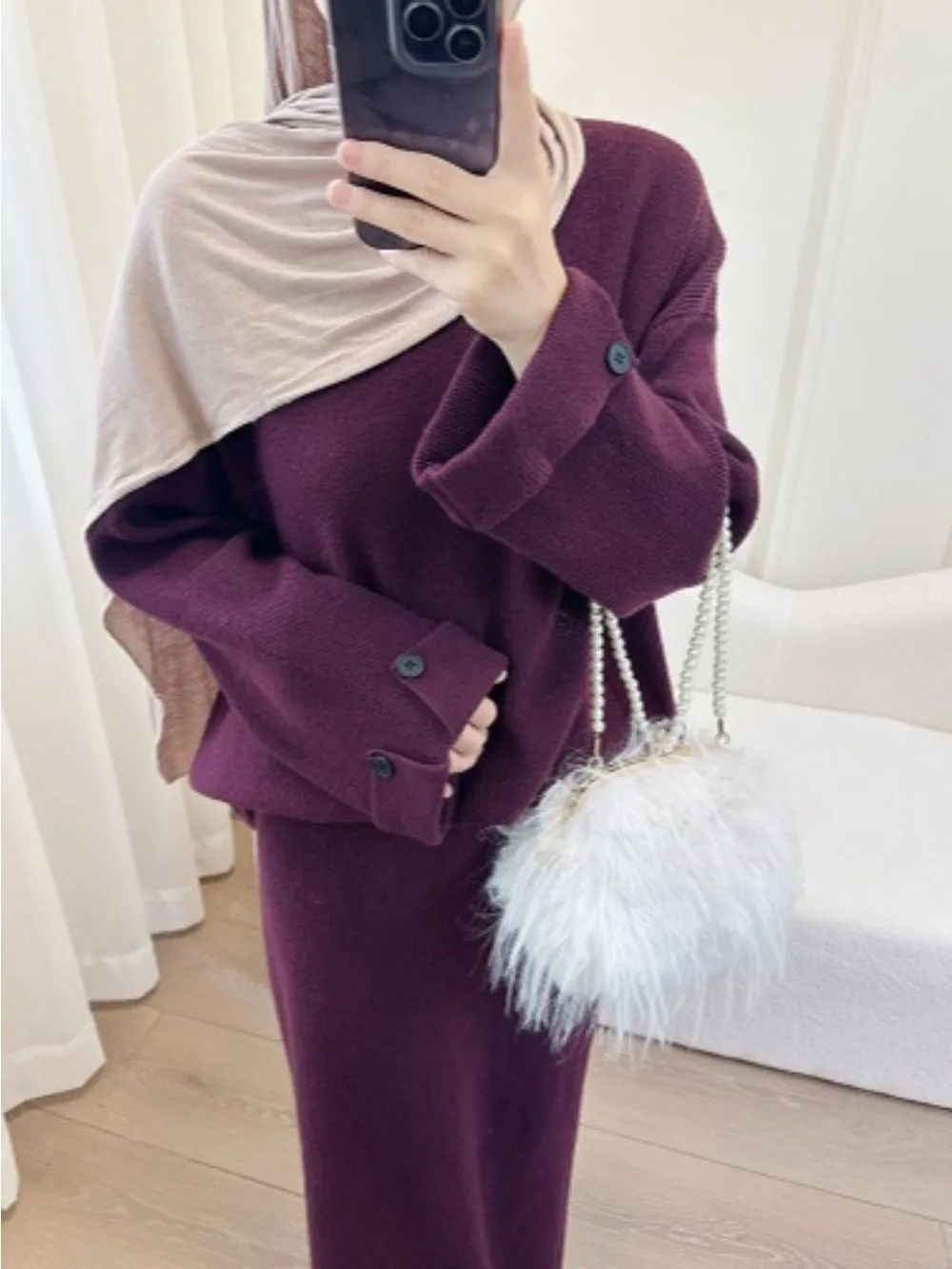 Eid Women Knit Sweater Skirt 2 Piece Set Muslim Sets Jumper Winter Solid Musulman Ensembles Ramadan Dubai Arab Long Robe Morocco