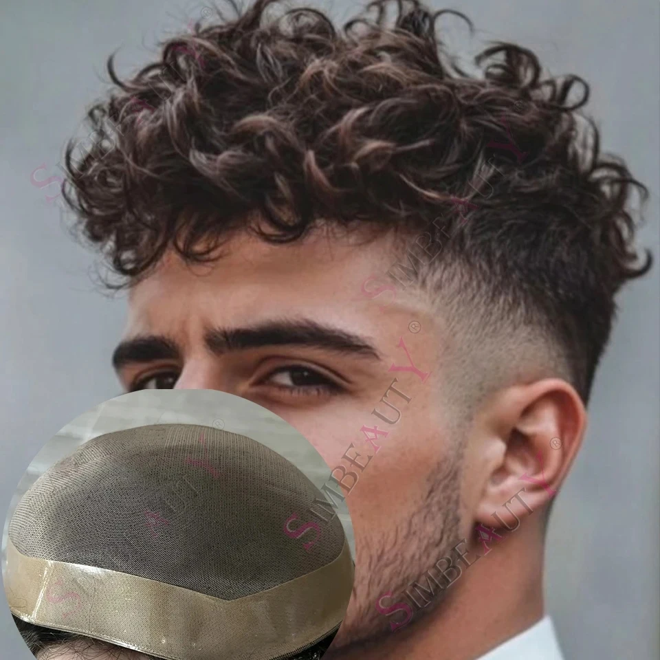 25mm 20mm Kręcone Męskie Europejskie Niewidoczne Tupeciki Jasnobrązowe Naturalne Włosy Virgin Human Oddychający Delikatny Mono System Wymiany Włosów