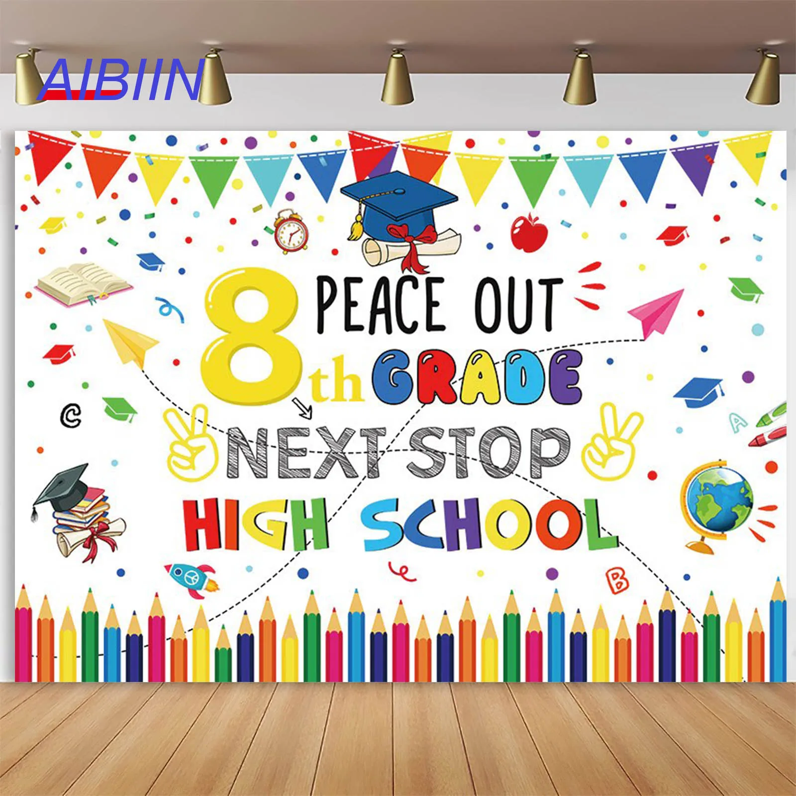 8th Grade Graduation Backdrop Colorful Pencil Book Diploma Cap Kid Graduate Go to High School Party Decor Photography Background