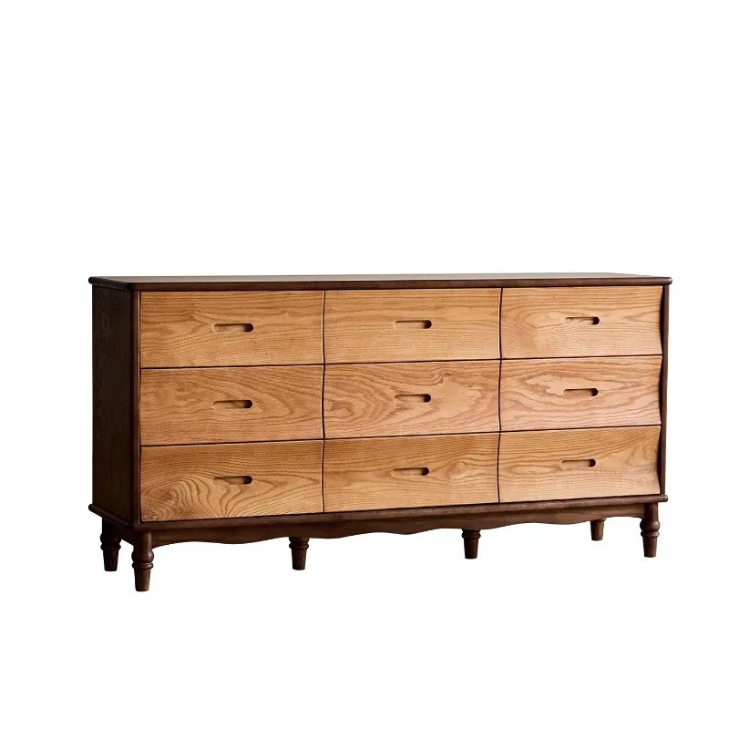 French retro red oak contrasting color nine chest cabinet, living room wall storage chest cabinet, bedroom bedside cabinet log