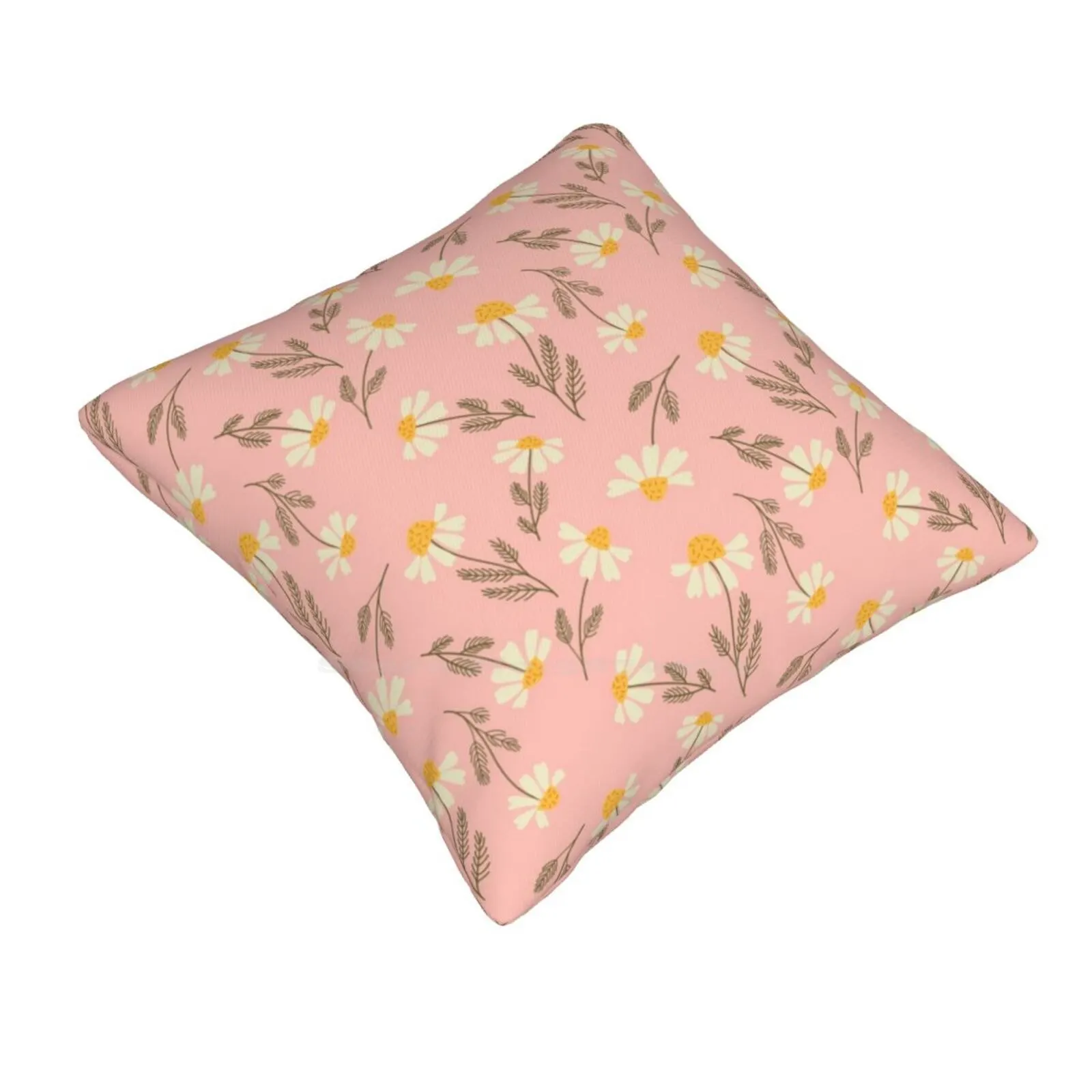 Chamomile Flowers On Pink Funny Cute Decor Square Pillowcase Camille Daisy Herbs Spring Summer Beautiful Pretty Floral Blooms