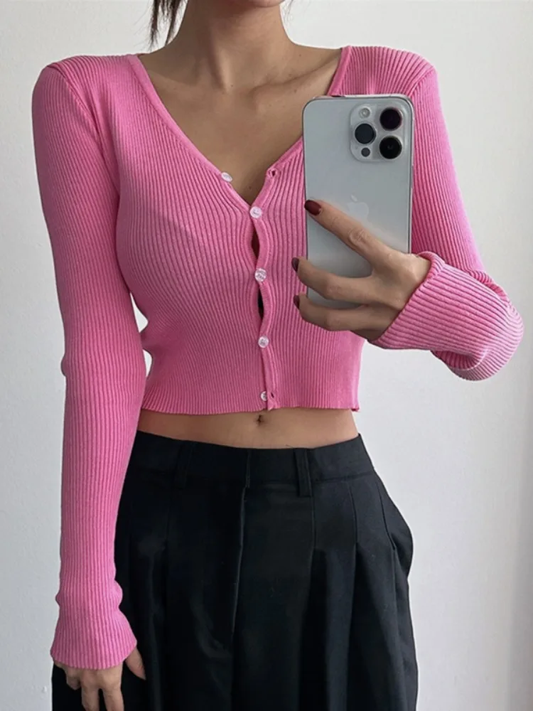 Korejepo Korean Basic Slim Top Fit V-neck Slimming Knit Tops 2024 Women High Waisted Short Slim Fit Long Sleeved Chic Cardigan