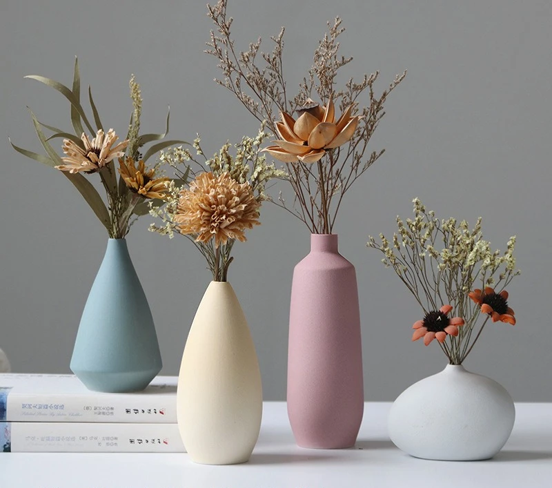 Nordic Matte Ceramic Vase Set of 4, Fresh Minimalist Flower Vessel, Creative Home Soft Decor for Dried Flower Arrangement
