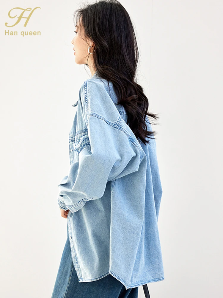 H Han Queen Spring New Oversized Slouchy Style Women Shirts Office Blusas Vintage Tops Simple Elegant Loose Casual Denim Blouses