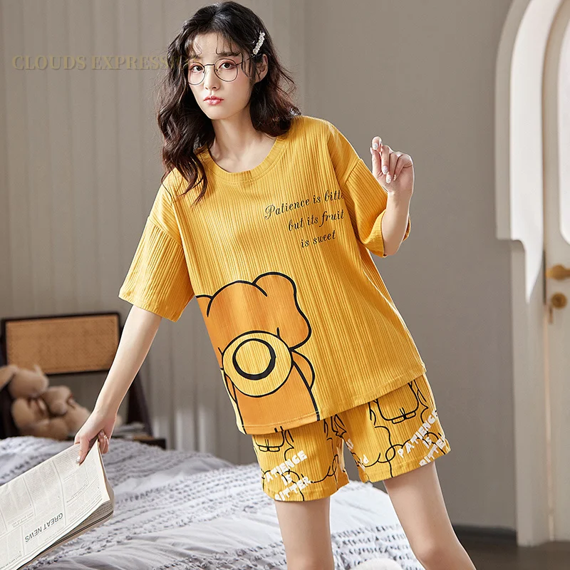 Summer Women\'s Pajamas Knitted Cotton Kawaii Girls Cartoon Pyjamas Set Casual Sleepwear Short Sleeve Homewear Short Suit Fashion