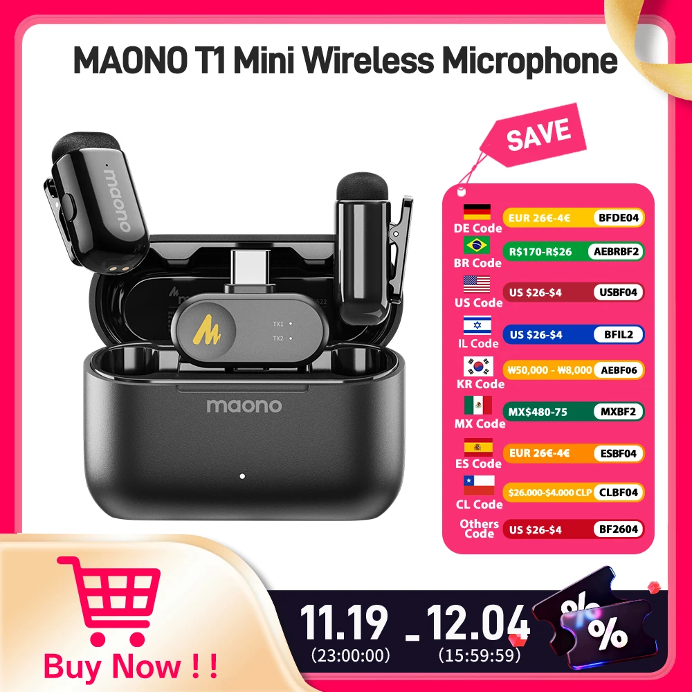 

MAONO T1mini Wireless Lapel Microphone for Phone-Noise Cancellation Auto Clipping Function App Setting Audio Video Recording Mic