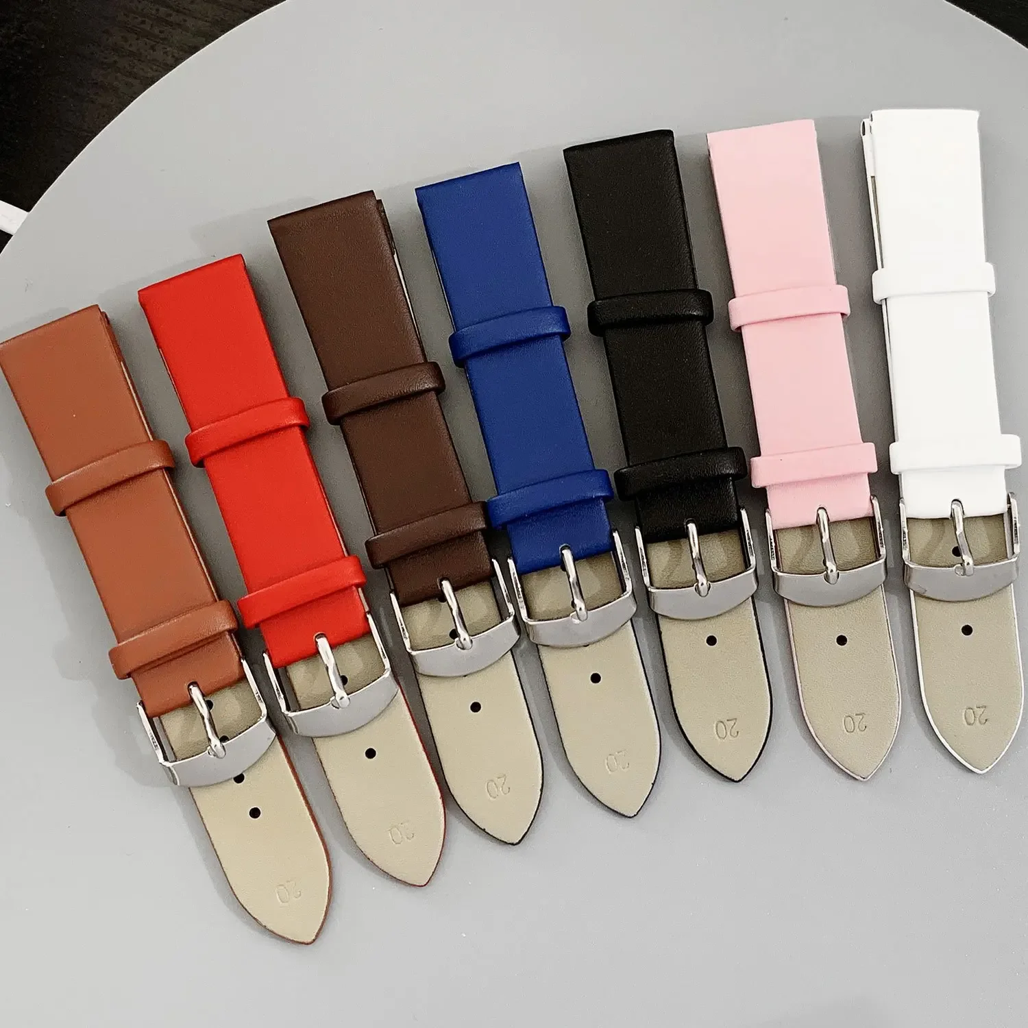 Buntes weiches Leder-Uhrenarmband für Damen und Herren, 12 mm, 14 mm, 16 mm, 18 mm, 20 mm, 22 mm, Ledergürtel mit silberner Dornschließe, Demontagewerkzeug
