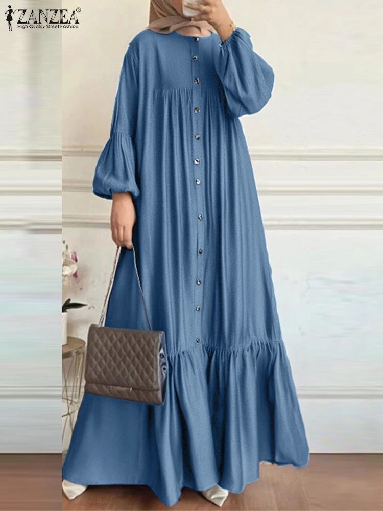 Women Elegant Long Lantern Sleeve Muslim Abaya Dress ZANZEA Spring Maxi Sundress IsIamic Hijab Dresses Robe Femme Solid Vestidos