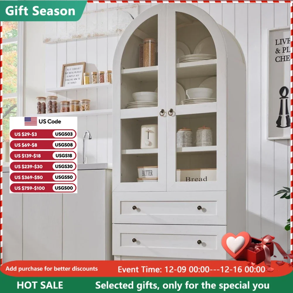 Arched Kitchen Pantry Cabinet, Wood Kitchen Storage Cabinets with 2 Large Drawers and Adjustable Shelves,Versatile Cupboard