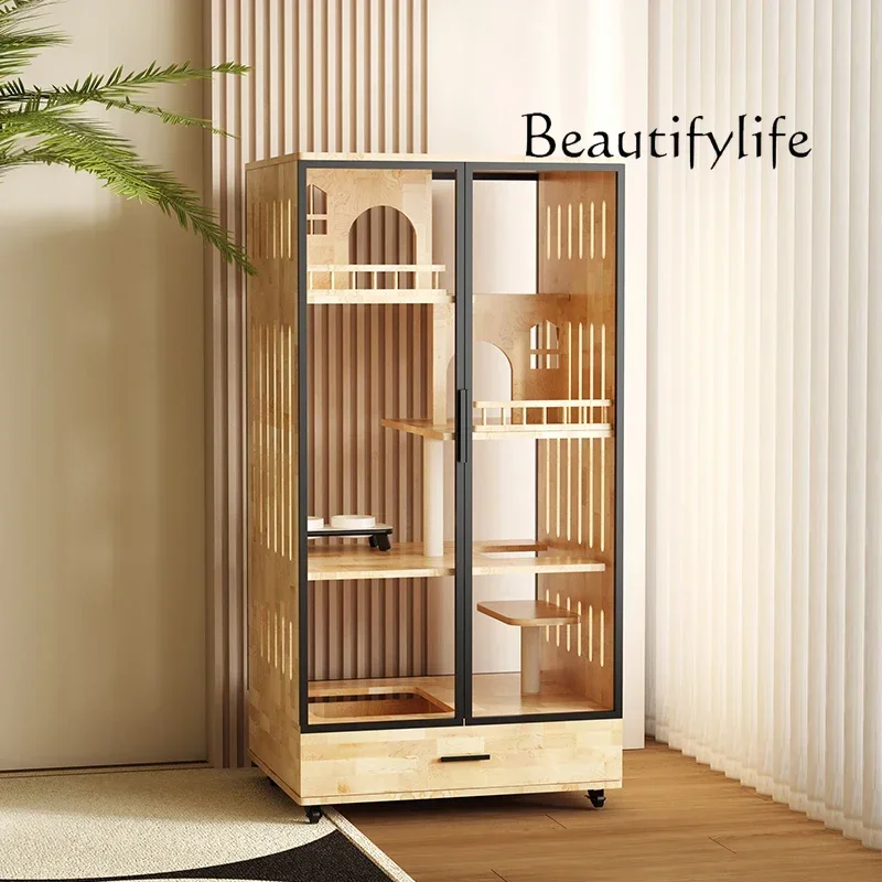 

jaula para gatos Solid Wood Cat Villa Glass Panoramic Cat Cabinet Home Indoor Cat Cage Drawer Integrated