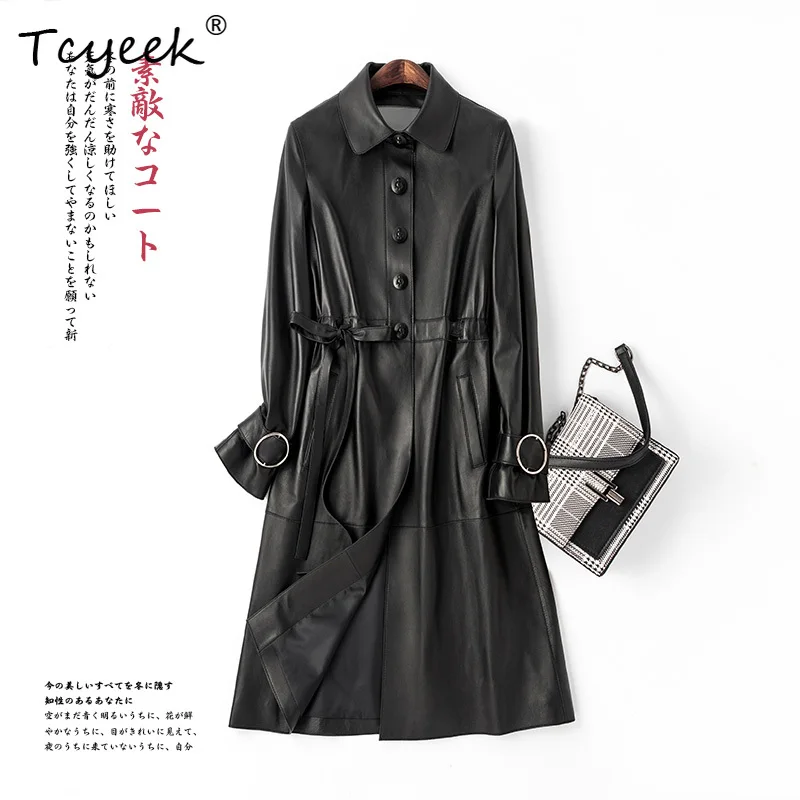 Tcyeek Sheepskin Spring Autumn High End Square Neck Black Medium Length Women's Genuine Leather Jacket Женская Кожаная Куртка