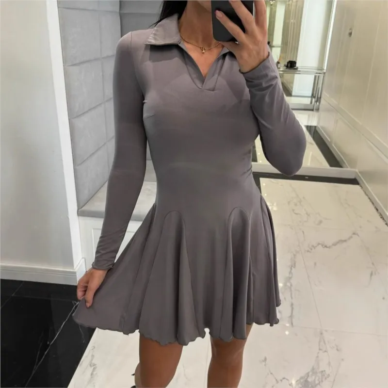 Outono cor sólida cintura cinched manga comprida lapela plissado borda vestido pulôver feminino fino ajuste elegante nova mini saia 2025 y2k