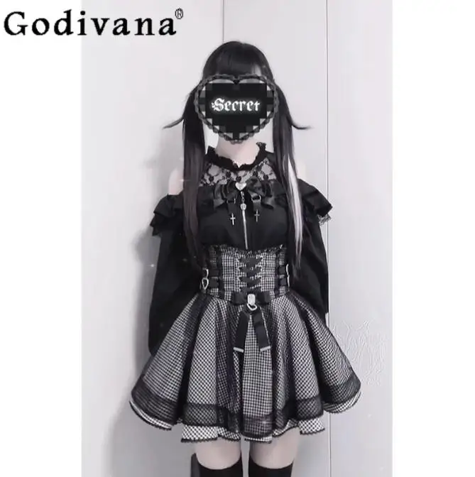 Summer Butterfly Knot Set Patchwork Shirt Top for Women High Waist Plaid Skirt Two Piece Suit Female Summer Lolita Outfits