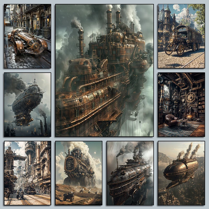 Surrealisme Shocking Steampunk Stadsgezicht Posters Industriële Stads Luchtschip Trein Moderne Prints Canvas Muur Foto Thuis Kamer Decor