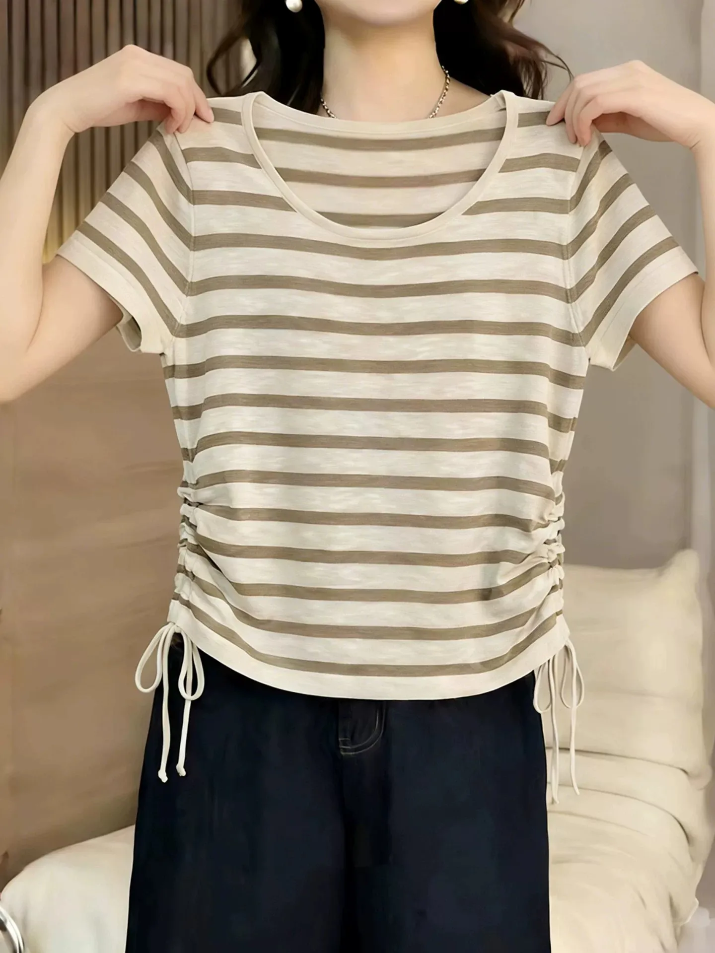 Retro Striped Splice Short Sleeve T-Shirt Women's Drawstring Waist Slimming Top Summer Color Block Casual Breathable Tee