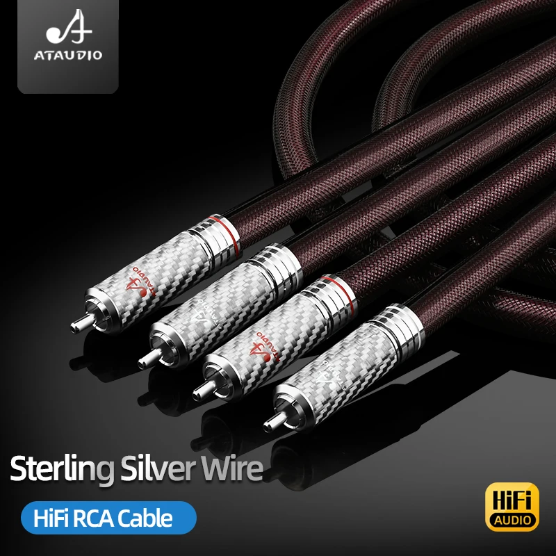 ATAUDIO One Pair Hifi RCA Cable Pure Silver for Amplifier Speaker High Quality Dual RCA Male Connector Audio Cable