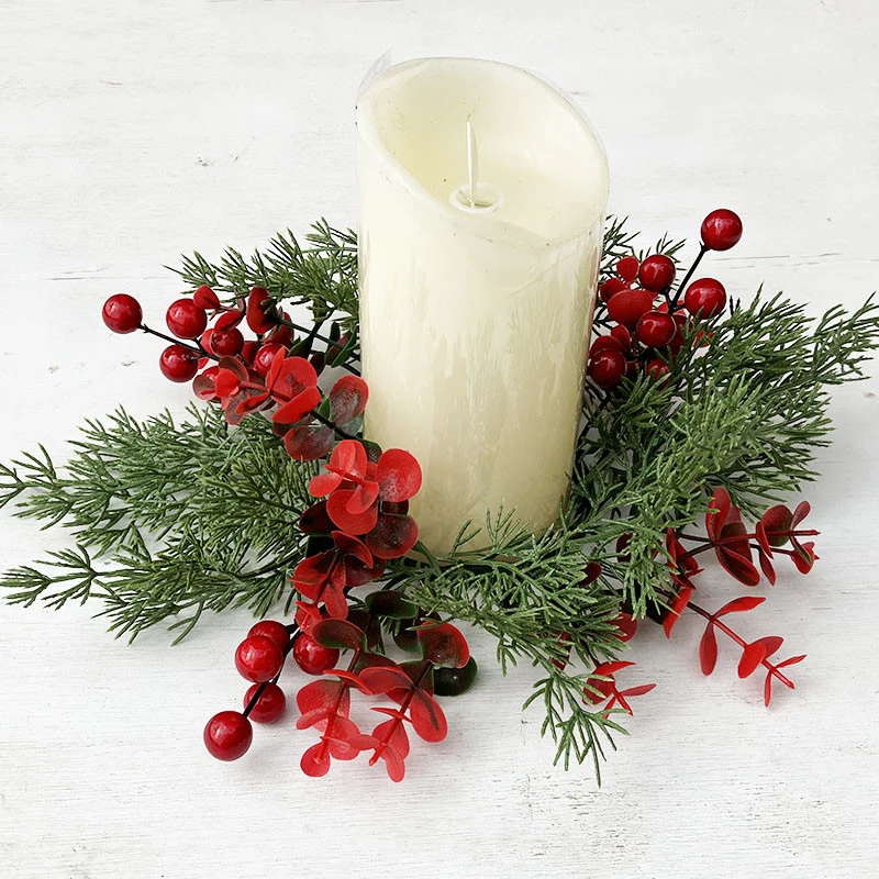 Christmas Candlestick Wreath Table Centerpiece Decor Artificial Leaves Candle Ring Candlestick Garland For New Year Home Decor