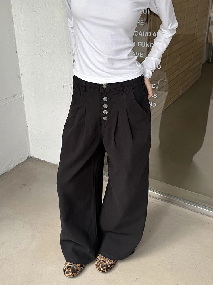 

Джинсы женские прямые с двойной складкой и пятью пуговицами, широкие брюки в американском ретро-стиле, новинка URKR