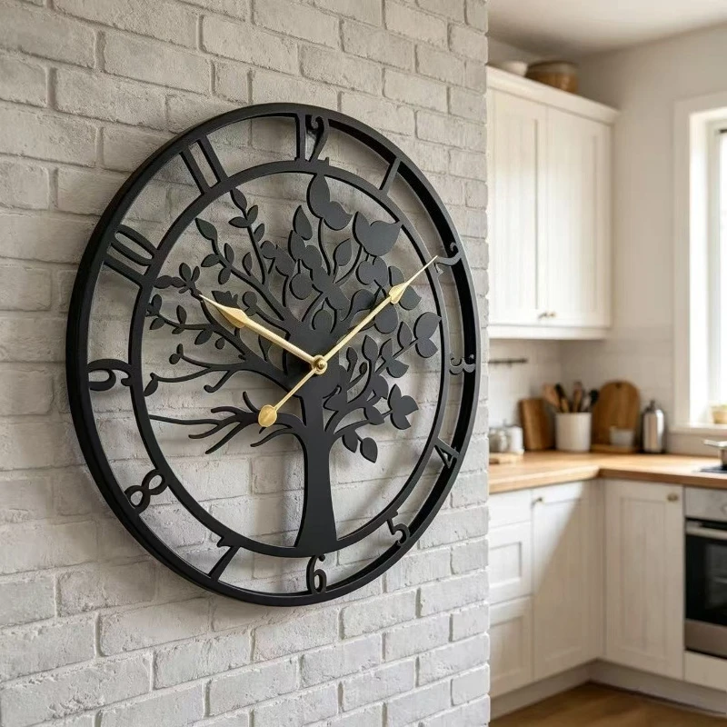 Creativity Iron Art Tree of Life Wall Clock 40cm 16Inch Metal Silent Wall Clock Vintage Wall Decoration for Home Office Room
