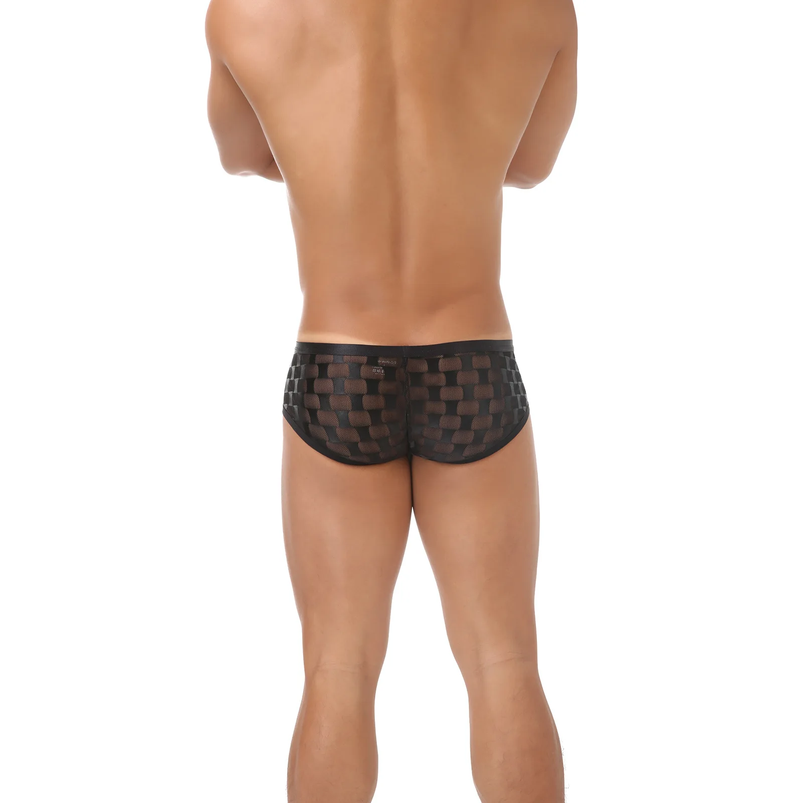 Men's Sexy Mesh Underwear Ultra-thin Grid Semi Transparent Low Waist Thong Lace U Convex Pocket Small Flat Corner Erotic T Pants