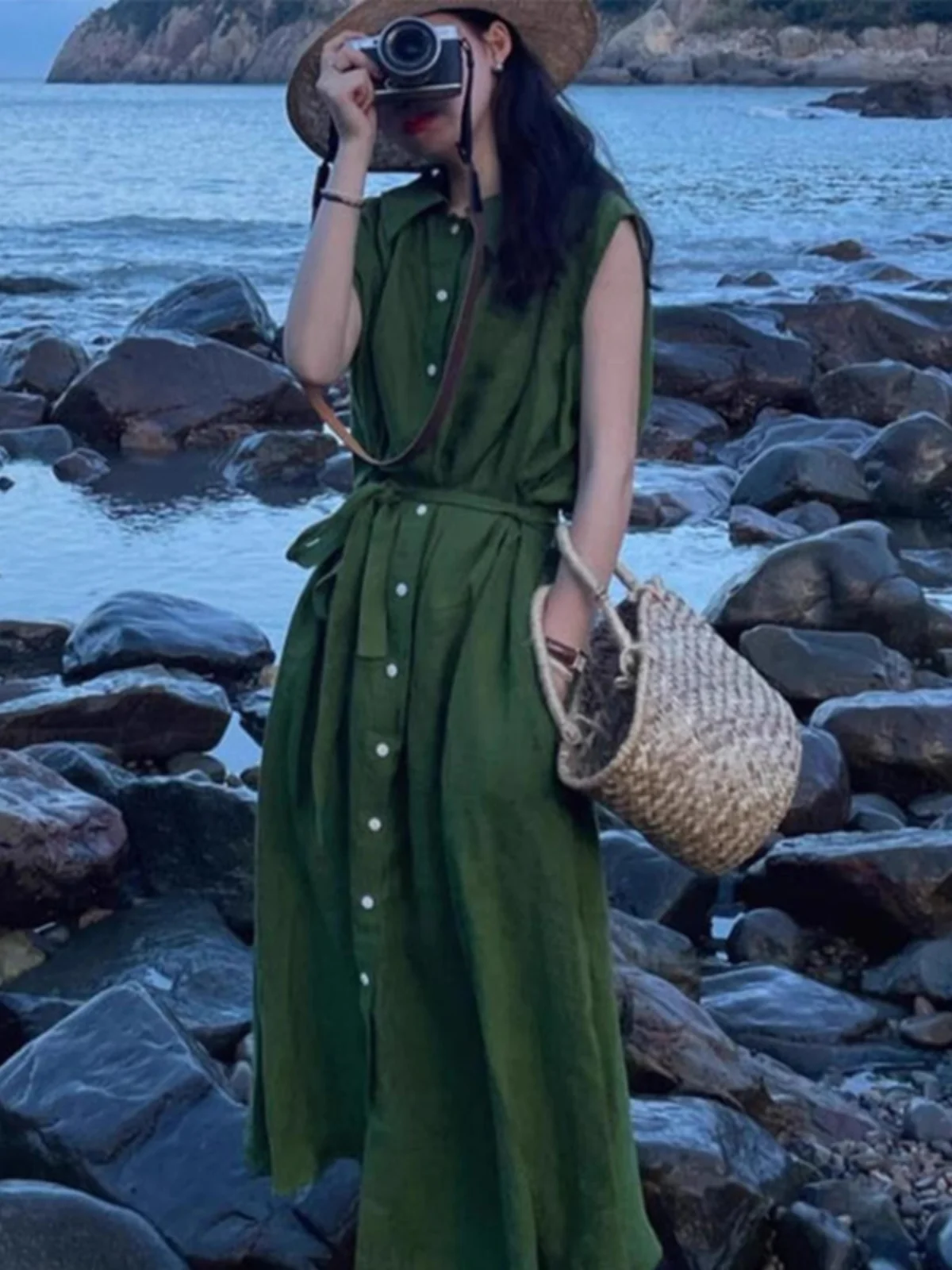 Sommer ein Loose Svel irt Dr Damen Urlaub Taille-Cinching Langer A-Linie Rock Vintage Sle Pendeln Dr