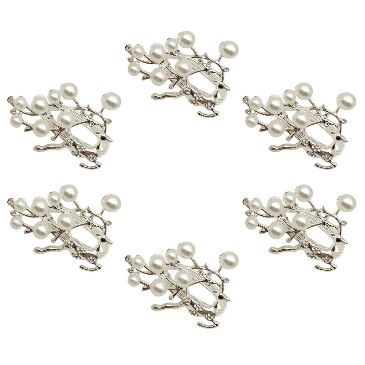 6Pcs Elegant Elk Design Napkin Rings Featuring Clear Rhinestones Pearl Embellishment Christmas Napkin Buckles for Wedding Bridal