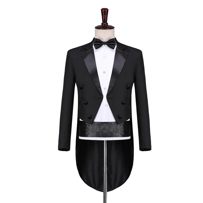 

Men's Tuxedo Tails Coat Black White Shiny Tailcoat Dress Coat Swallowtail Dinner Party Wedding Blazer Magic Singer Stage Tops