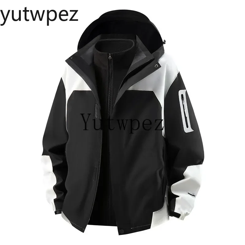 Outdoor Coat Men 3-in-1 Windbreaker Climbing Jacket, Detachable Thick Fleece Inner Liner Sports Running Hooded Cycling Hiking