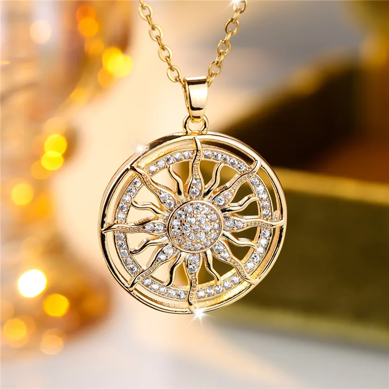 Female Crystal White Zircon Stone Pendant Necklace Vintage Big Sunflower Wedding Jewelry For Women