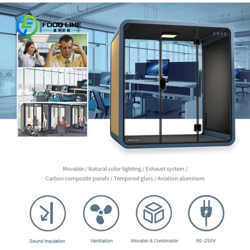 Customized Stand Alone Office Meeting Pod Moveable Soundproof Phone Booth 2 Way Glass Modern Space With Fan Hot Sale