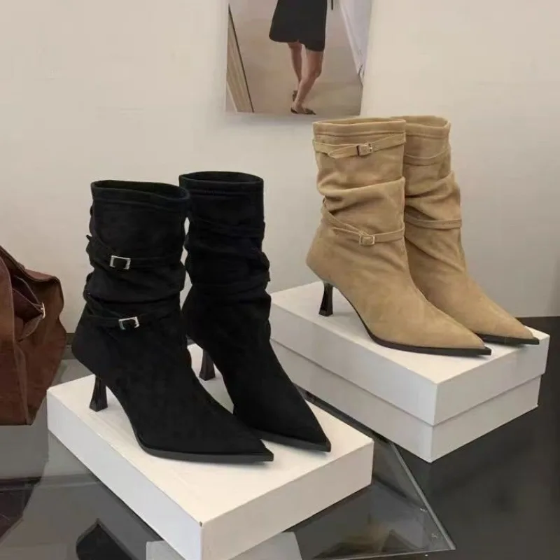 2025 موضة جديدة كعب رقيقة أحذية بوت قصيرة موضة مشبك الجلد المدبوغ مطوي الأحذية الحديثة تنوعا أشار تو المرأة خنجر الكعوب #1