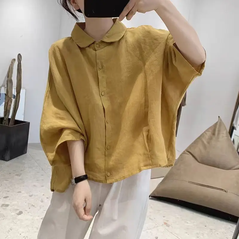 Women Cotton and Linen Spring Lapel Collar Tops 3/4 Sleeve Batshirt Loose Large Size Solid Color Casual Comfortable POLO Shirt